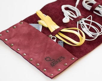 Personalized Leather Cable Organizer Roll: Travel Tech Cord Case