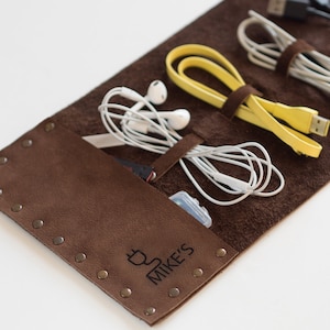 Leather Cable Organizer, Travel Cord Case, Portable Charger Storage, Tech Holder Protector, Headphones Cover, Personalized Gifts for Men