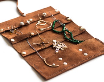 Organizador de joyas de viaje, bolsa de rollo de joyería personalizada, bolsa de joyería de cuero de caja de pendiente de collar, regalos personalizados de damas de honor para ella