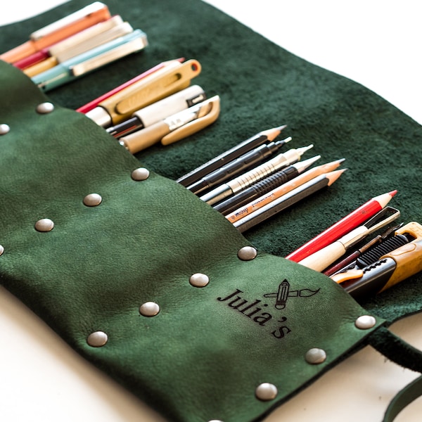 Personalized Pencil Roll, Leather Artist Supply Bag, Craft Tool Organizer, Stationary Container, Paint Brush Holder, Custom Gift for Painter