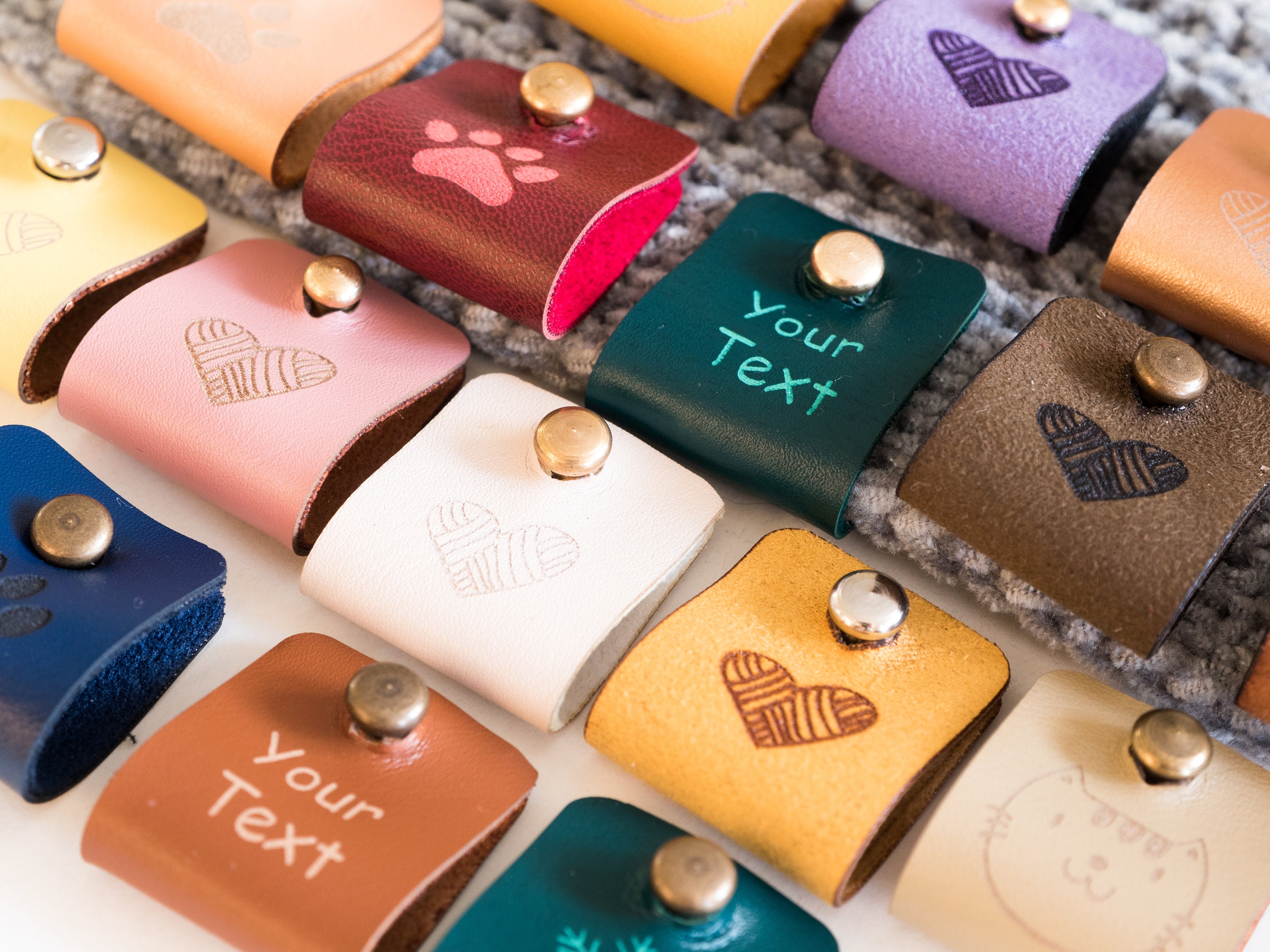 Personalized Custom Leather Labels for Handmade Knitting Items With Screw  on Rivets, Beret Tags, Leather Tags, Crochet Clothing Leather Tags 