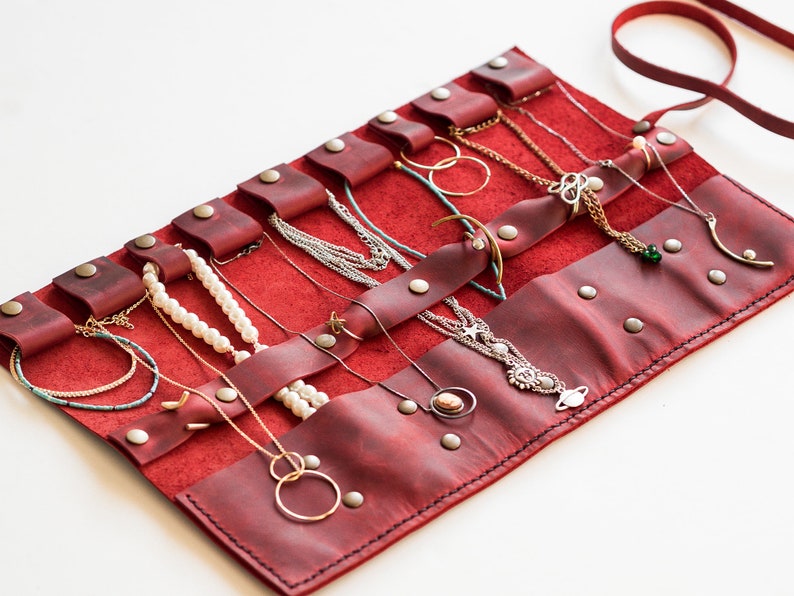 Travel Jewelry Organizer Red Leather Jewellery Roll Necklace Etsy