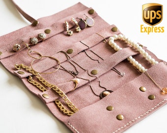 Rangement à bijoux, pochette à bijoux en daim, sac à cordon, rouleau en cuir pour bijoux, étui pour collier, sac de voyage, cadeau de demoiselle d'honneur personnalisé