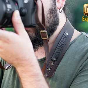 Gepersonaliseerde leren camerariem: handgemaakte schouderriem voor spiegelreflexcamera