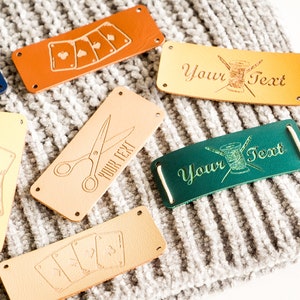 Personalized Sewing Labels for handmade items, PU Leather Labels for Knitted Items, Faux Leather knitting tag, Custom Clothing Sew On Labels