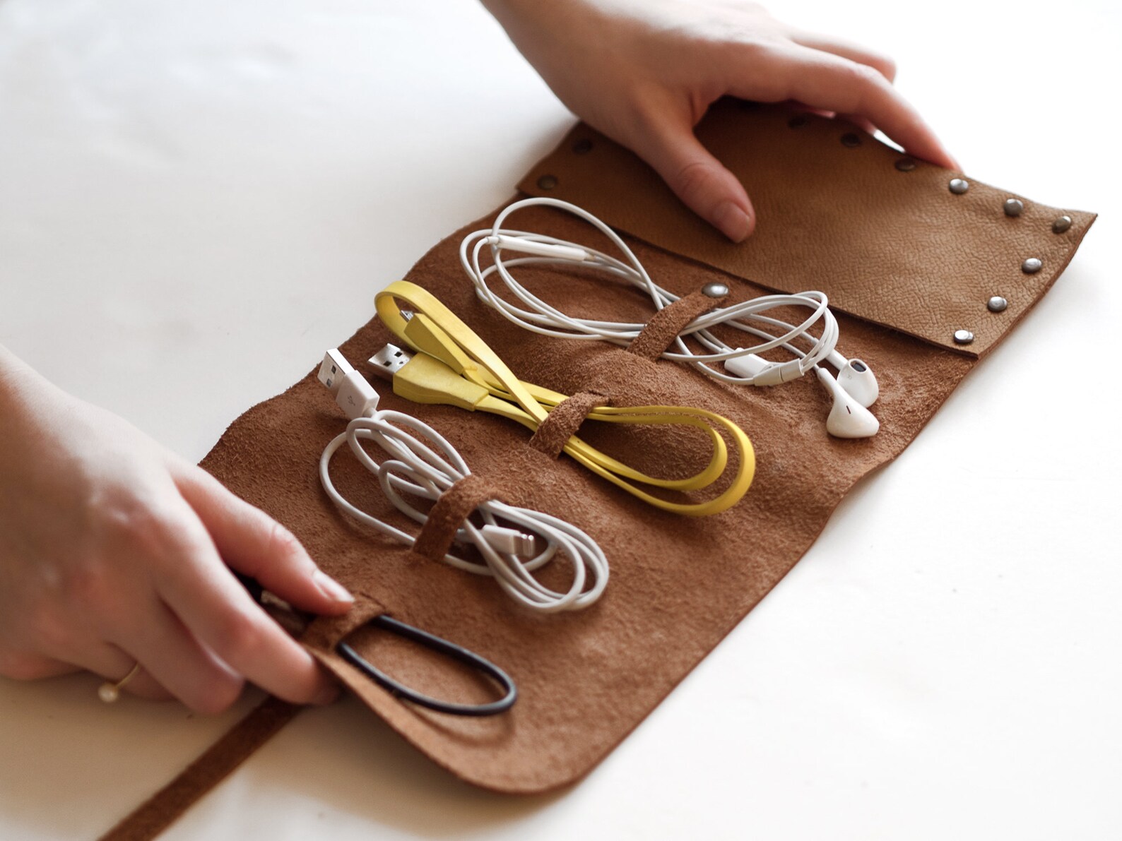Leather Cable Organizer Travel Charger Roll Tech Cord Case Etsy