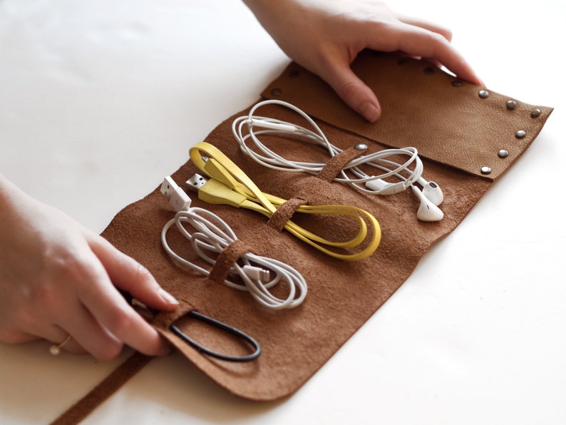 Leather Cable Organizer Travel Charger Roll Tech Cord Case Etsy