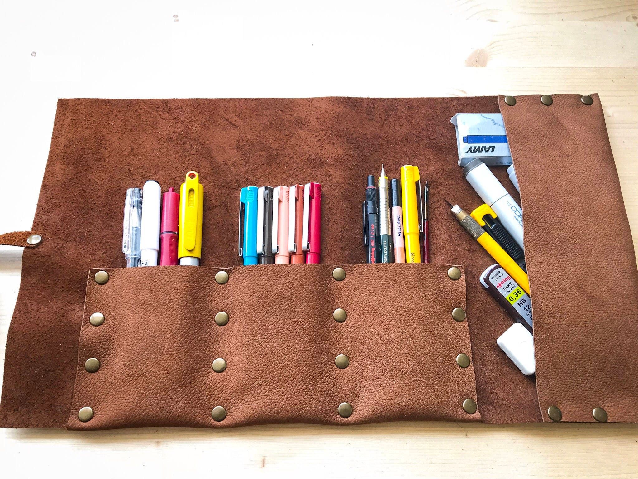  ECHSRT Leather Pencil Case Roll Up Bag Pencil Pouch Wrap  Foldable Tool Roll Supplies Art Stuff Organizer Vintage Gift for Office  Artist