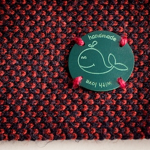 Circle Custom Sewing Tags, Knitting Toys Labels, Handmade Item Labels, Faux Leather Logo Tag, Whale Label, Personalized Veagn Leather Labels