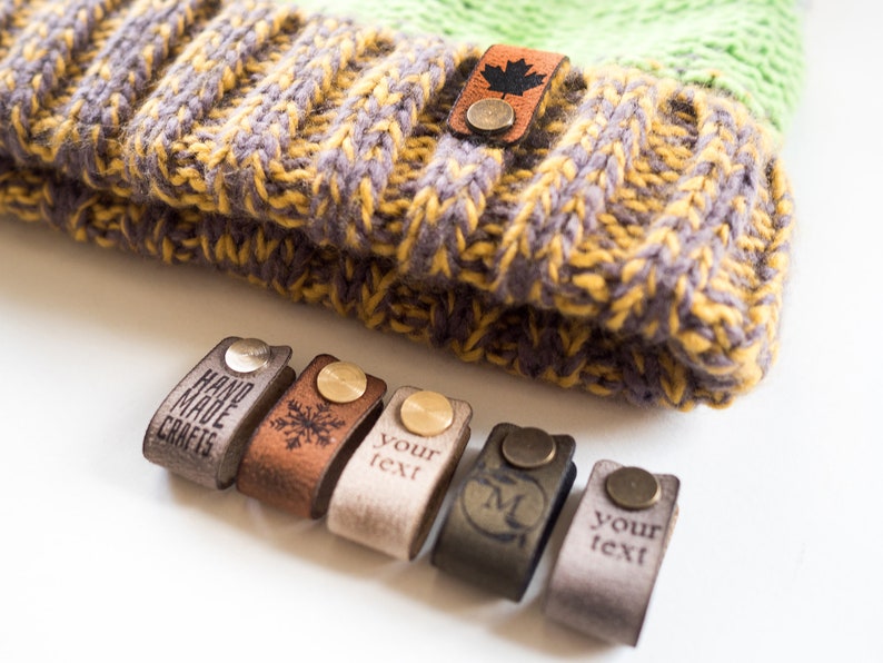 Custom Small Labels With Rivet, Knitting Beanie Tags, Personalized Leather Tags, Crochet tags, Leather Label for Knitted items, Handmade tag image 8