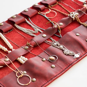Travel Jewelry Organizer, Red Leather Jewellery Roll, Necklace Ring Case, Accessory Bag, Personalized Custom Bridesmaids Gift for Women