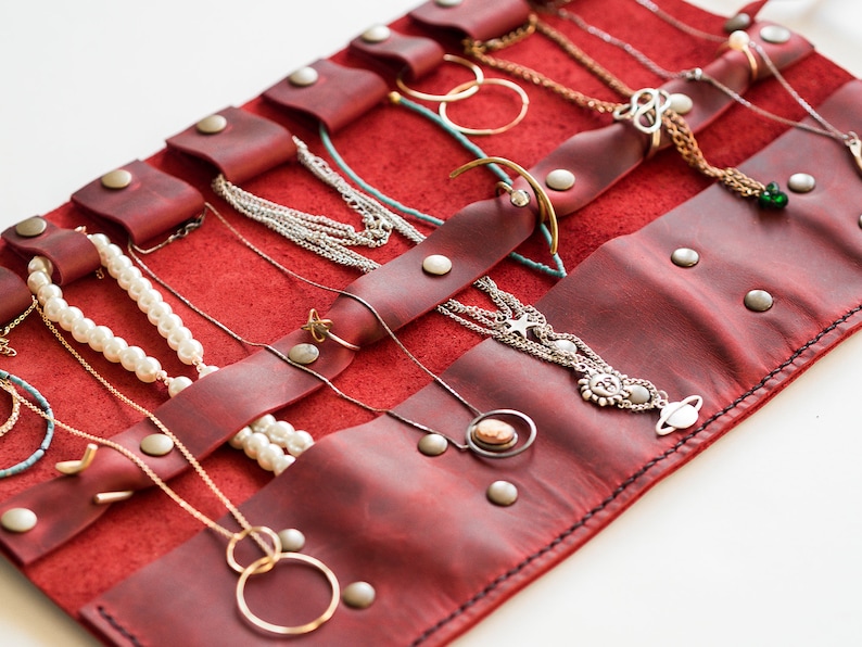 Travel Jewelry Organizer Red Leather Jewellery Roll Necklace Etsy