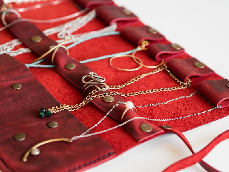 Travel Jewelry Organizer Red Leather Jewellery Roll Necklace Etsy
