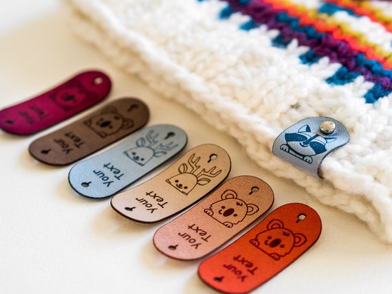  Personalized Faux Leather Labels for HandKnit Items with  Rivets, Personalized Screw-On Small Suede Tags, Custom Long Leather  Branding Tags for Beanie Tags, Clothing : Handmade Products