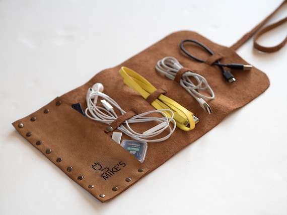 Leather Cable and Charger Organizer Bag Handmade Cord 