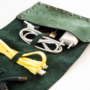 Leather Cord Organizer Roll: Handmade Travel Tech Accessory Pouch