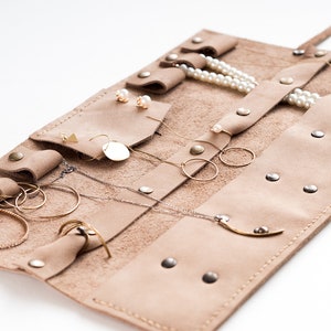 Personalized Suede Leather Jewelry Travel Organizer: Necklace Ring Roll