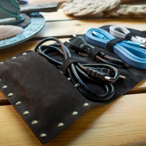 Custom Cord Organizer, Leather Travel Cable Roll, Electronics Accessory Pouch, Portable Cord Keeper, Protective Tech Case, Headphones Bag