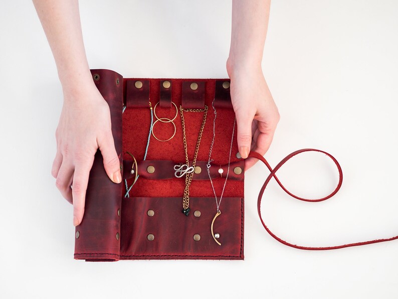 Travel Jewelry Organizer Red Leather Jewellery Roll Necklace Etsy