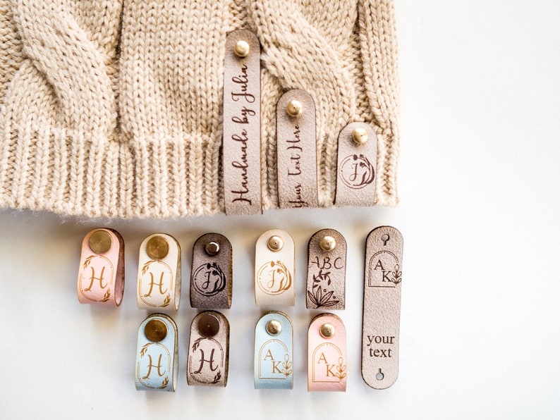 20 pieces label set, Beanie Tags, Labels for Knitted Items With Rivets, Small Suede Tags, Custom Labels for Handknits, Tags with Initials 