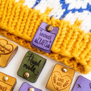 Faux Leather Tag With Snap, Washable Crochet Label, Rivet Knit Tag, Yarn Tags, Brand Tags, Knitting Project Label, Tag for Chunky Blanket