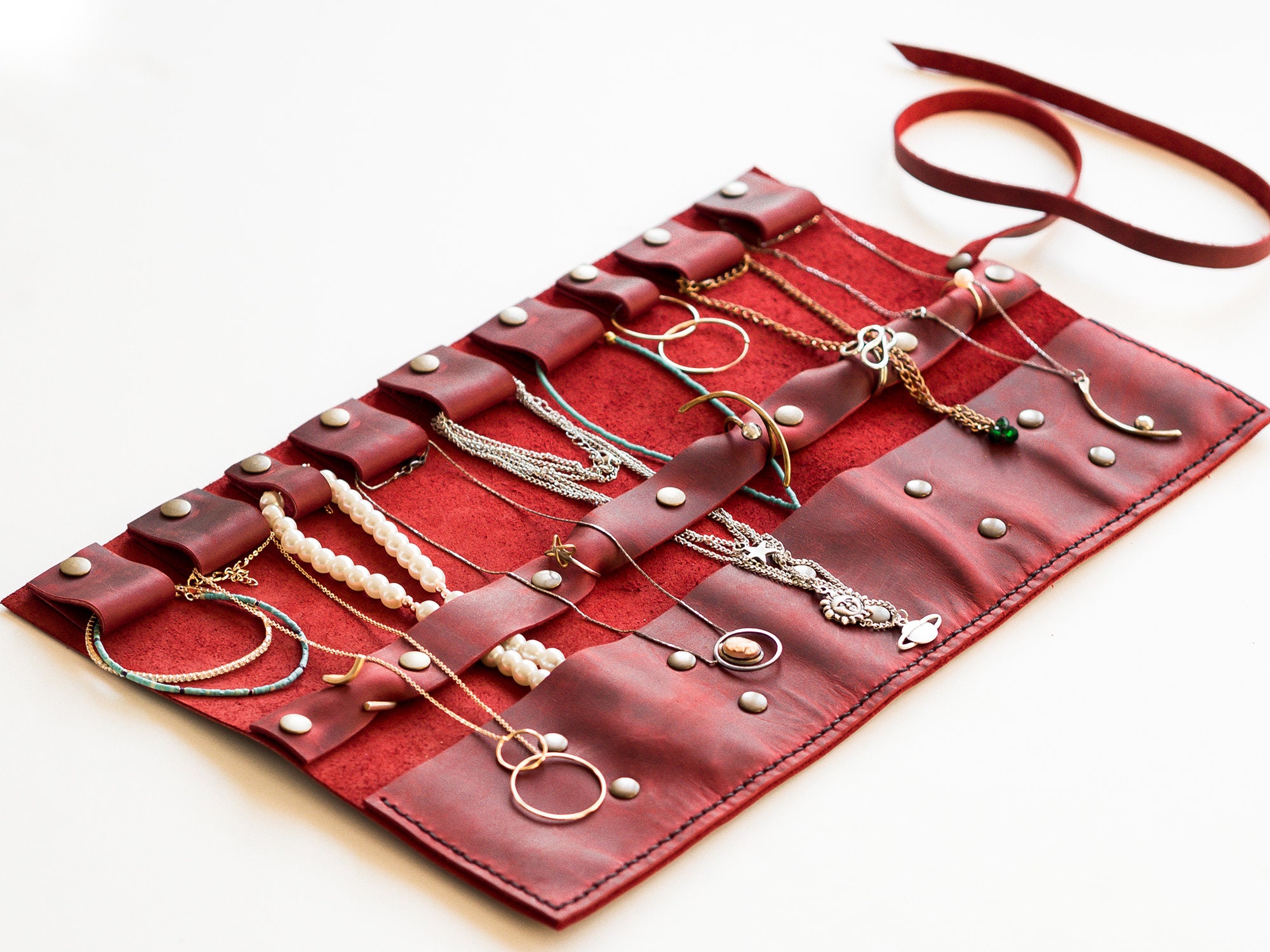 Travel Jewelry Organizer Red Leather Jewellery Roll Necklace Etsy