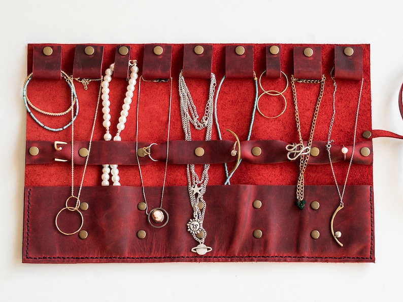 Travel Jewelry Organizer Red Leather Jewellery Roll Necklace Etsy