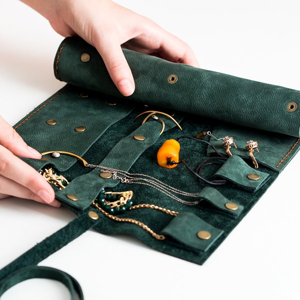 Handmade Leather Jewelry Roll, Travel Jewelry Organizer, Bridesmaid Gift