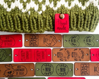 Etiquetas de cuero vegano personalizadas para prendas de punto y crochet (25 mm x 70 mm)