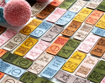 Etiquetas de piel sintética personalizadas con código QR: etiquetas veganas para tejer (75 mm x 30 mm)
