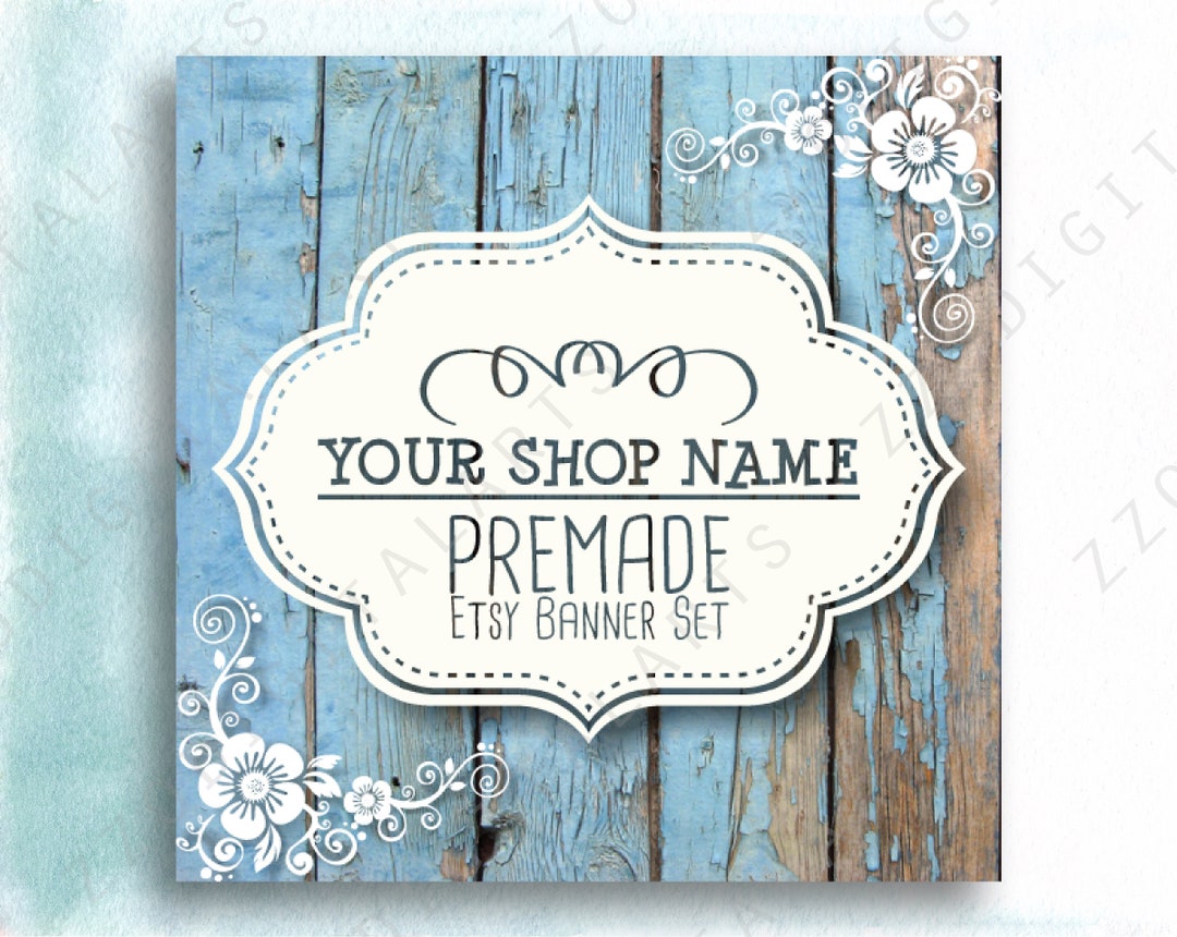 Vintage Etsy Shop Banner Template Set, Etsy Cover Branding Kit Old Blue