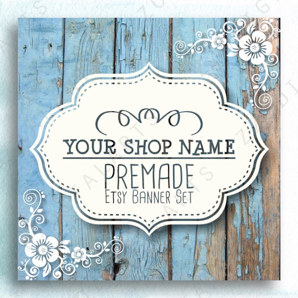 Vintage Etsy Shop Banner Template Set, Etsy Cover Branding Kit | Old Blue Wooden Style Shop Graphics