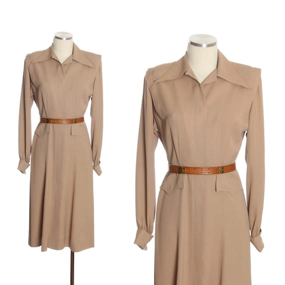 1940s Light Mocha Gabardine Shirtwaist Dress