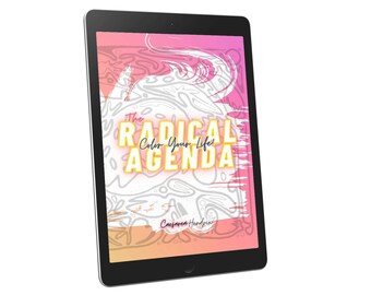 Puede incluir: Una tableta negra muestra un gráfico colorido con el texto "The Radical Agenda, Color Your Life!" en amarillo y blanco. El fondo presenta formas abstractas blancas y grises sobre un degradado de rosa, naranja y amarillo.