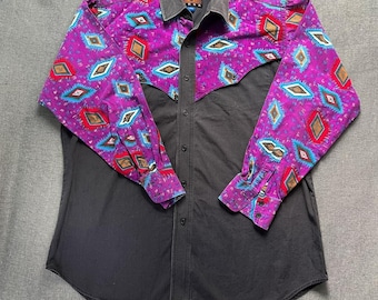 Painted Mesa Western Shirt Mens L Brush Popper Style Southwestern Pattern Purple and Gray