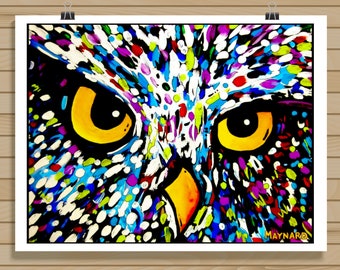 Diamond Eyes; Original snow owl print from Missoula, Montana. Brightly colored art for bird lovers. Raptor, Bird of Prey, Hooter