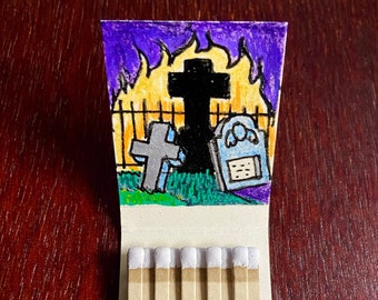 Vintage Funeral Home Matchbook with Hand Painted Cemetery on Fire Scene. One of a kind macabre art!