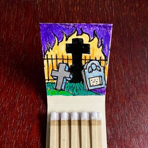 Vintage Funeral Home Matchbook with Hand Painted Cemetery on Fire Scene. One of a kind macabre art!