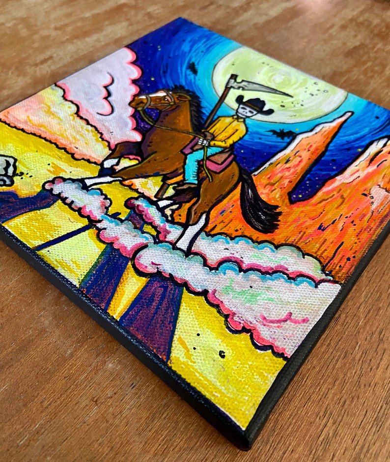 Death Rides A Horse Original abstract painting. Bright, colorful, surreal, trippy, macabre art. Acrylic on canvas image 3