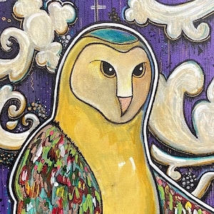 Pintura acrílica de coruja, popart vibrante de Missoula, Montana. Ótima decoração para os amantes de corujas!