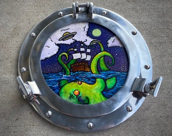 Kraken Attacking Sailboat - Original Painting Framed In Porthole Window. Vibrant & Unique Monster Art
