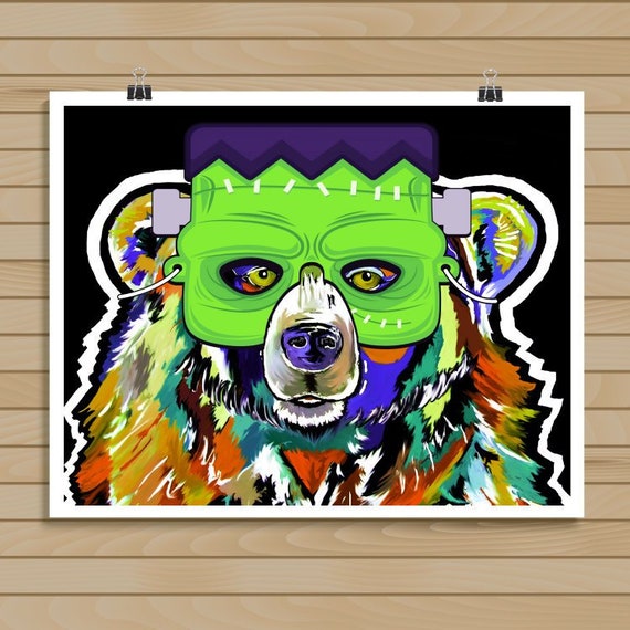 Franken-bear; Original Print. Trick or Treating Grizzly Bear in