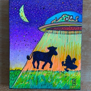 Take Me Away; Original ufo art! Colorful, surreal, dark art. Acrylic on canvas