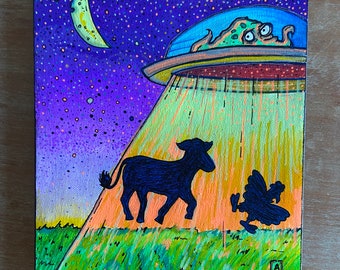 Take Me Away; Original ufo art! Colorful, surreal, dark art. Acrylic on canvas