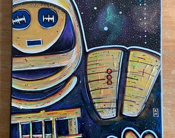 Drifting Off In Space - Original and unique robot and space art! Colorful acrylic painting on 12 x 16 stretched canvas