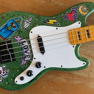 Bass Guitar with American Traditional Tattoo Custom Artwork