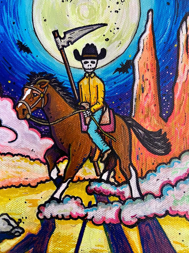 Death Rides A Horse Original abstract painting. Bright, colorful, surreal, trippy, macabre art. Acrylic on canvas image 2