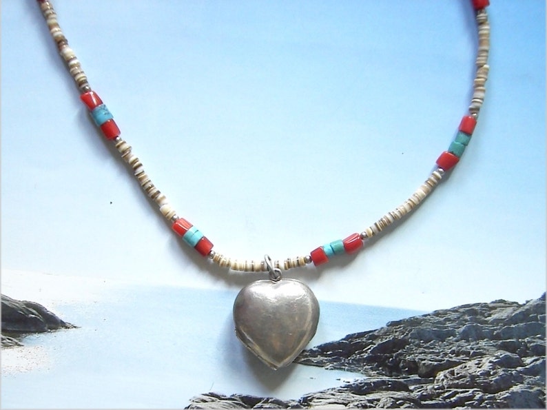 Heishe coral turquoise and shell Southwestern Necklace 4 Picture Sterling Locket