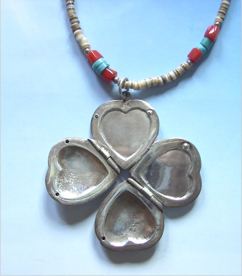 Heishe coral turquoise and shell Southwestern Necklace 4 Picture Sterling Locket