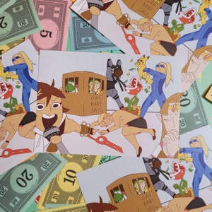 May include: A cartoon illustration of a scene with a brown wooden box labeled "Gay Baby Jail".  Inside the box are two cartoon characters.  Outside the box, a cartoon character is singing into a microphone.  Another cartoon character is lying on the ground.  There are several other cartoon characters in the scene, including a character with a red flower on their head and a character with a yellow lightning bolt on their head.